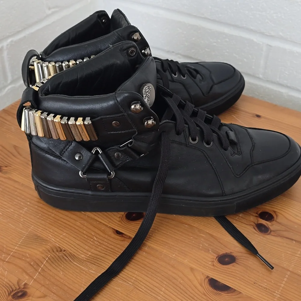 Versace Collection Black Leather Medallion High Top Sneakers Size 41 - Picture 3 of 13